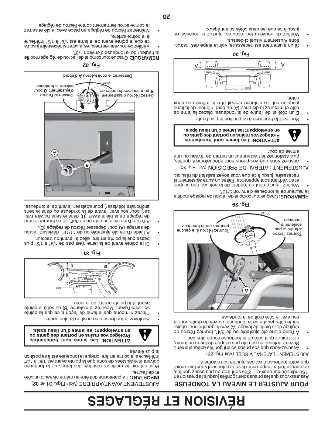 Poulan 96042010700, 430094 manual Tondeuse LA Niveau LE Ajuster Pour, 32 .Fig, 31 .Fig, 30 .Fig, 29 .Fig 