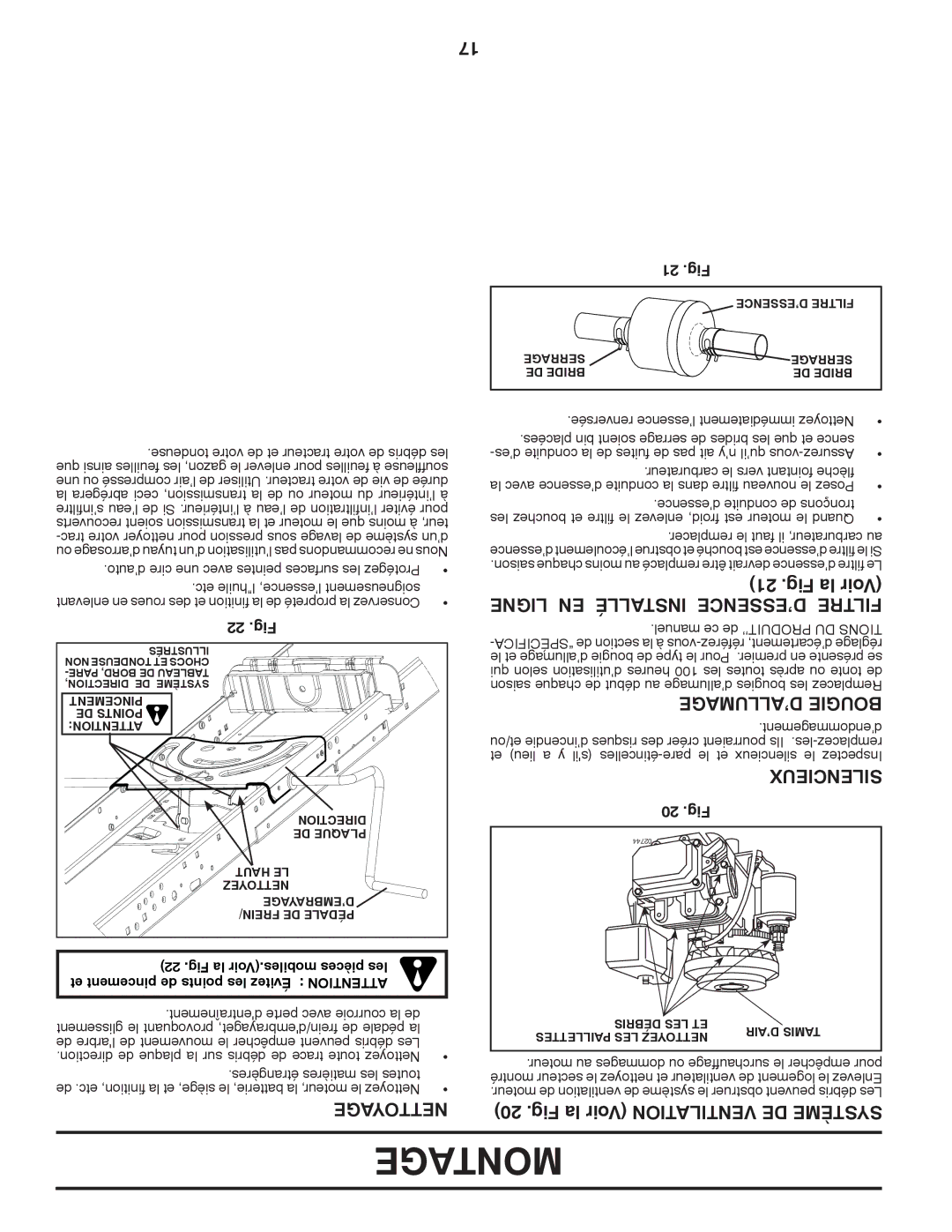 Poulan 430094 manual Montage, Ligne EN Installé D’ESSENCE Filtre, ’ALLUMAGE Bougie, Fig la Voir Ventilation DE Système 