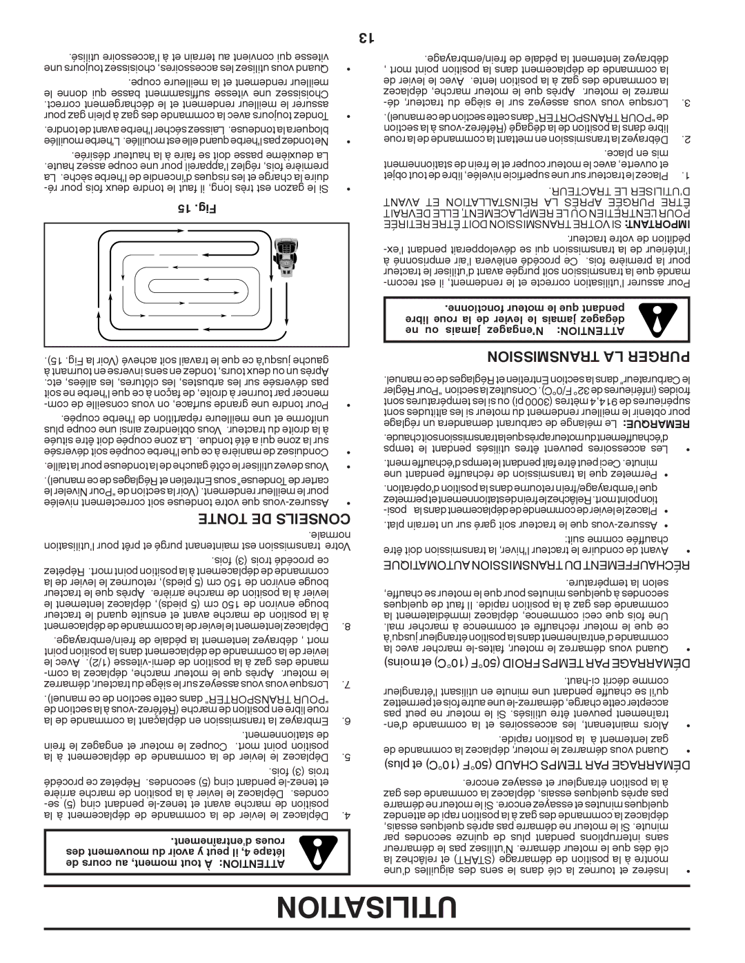 Poulan 430094 Utilisation, Transmission LA Purger, Tonte DE Conseils, 15 .Fig, Quetimaauto Transmission DU Réchauffement 