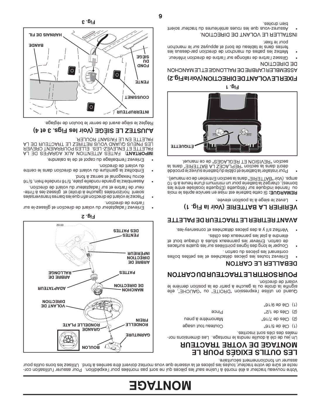 Poulan 96042010700, 430094 manual Et 3 .Figs les Voir Siège LE Ajustez, Fig la Voir Batterie LA Vérifier, Carton LE Deballer 