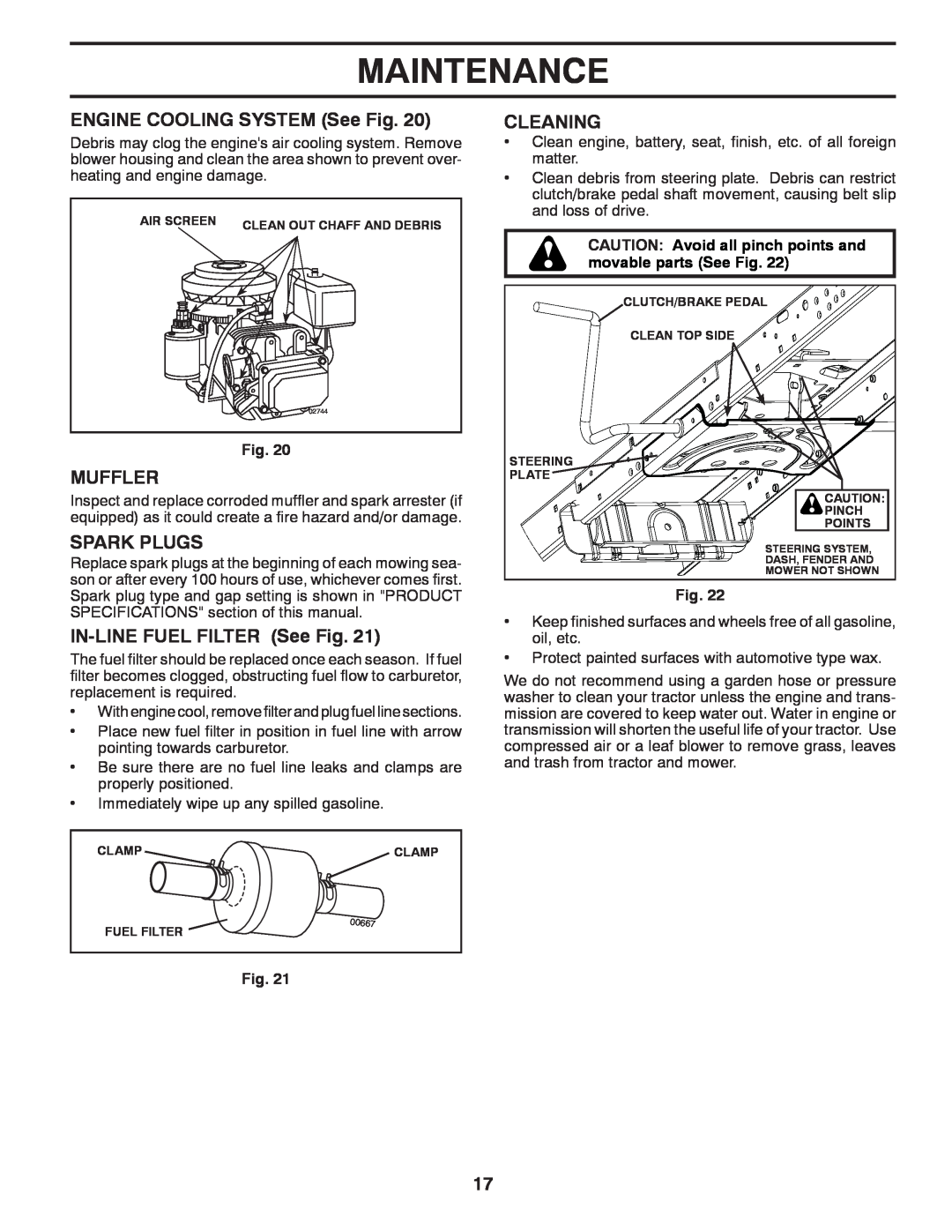Poulan 96042010700 Maintenance, ENGINE COOLING SYSTEM See Fig, Muffler, Spark Plugs, IN-LINEFUEL FILTER See Fig, Cleaning 