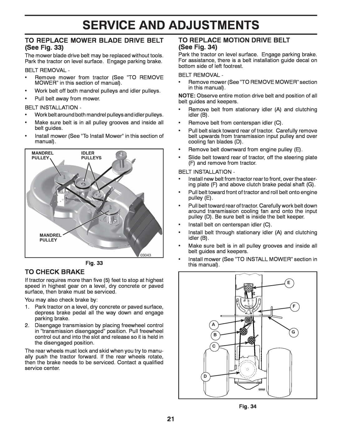 Poulan 96042010700, 430094 manual Service And Adjustments, TO REPLACE MOWER BLADE DRIVE BELT See Fig, To Check Brake 
