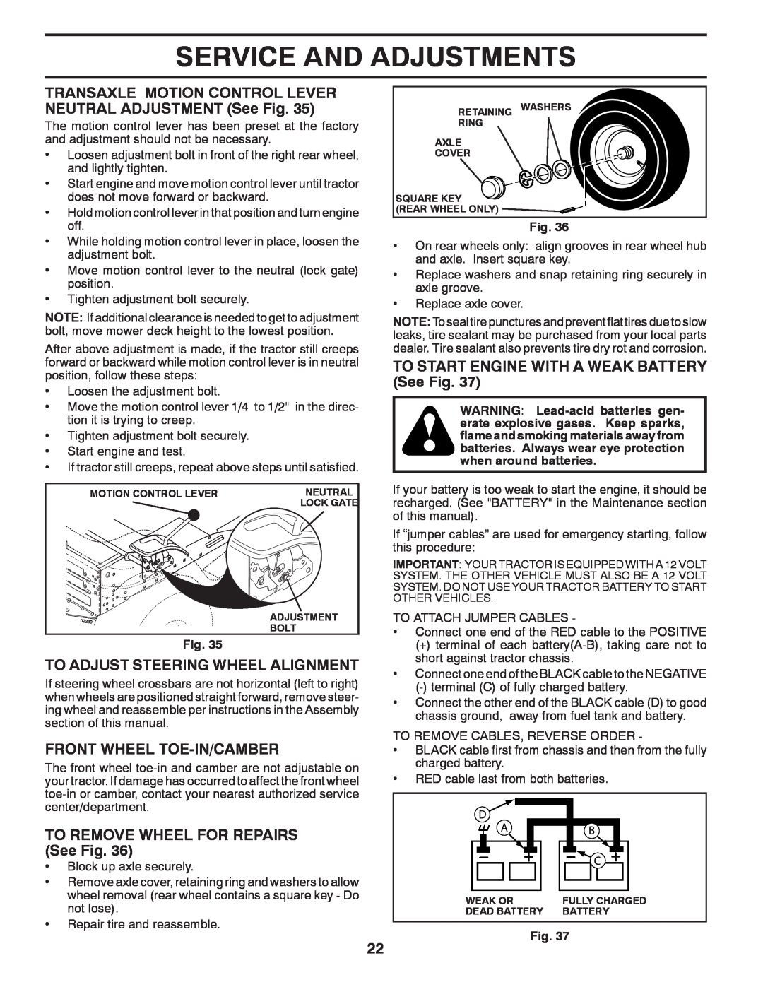 Poulan 430094 Service And Adjustments, TO START ENGINE WITH A WEAK BATTERY See Fig, To Adjust Steering Wheel Alignment 