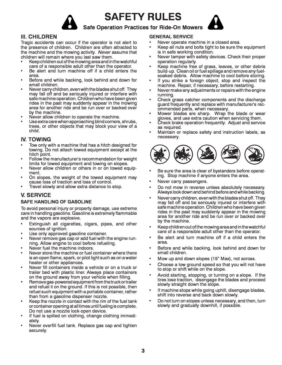Poulan 96042010700, 430094 Safety Rules, Safe Operation Practices for Ride-OnMowers, Iii. Children, Iv. Towing, V. Service 
