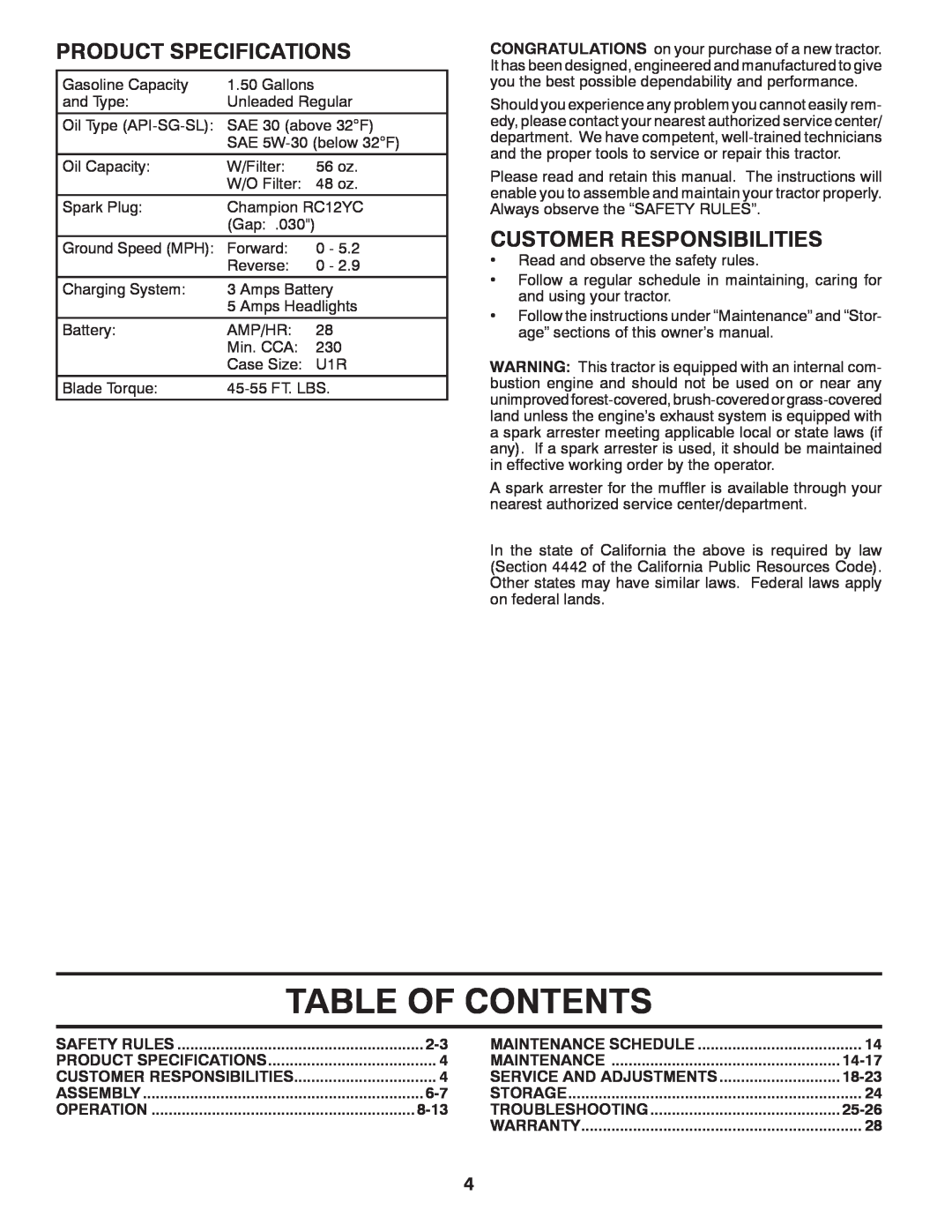 Poulan 430094, 96042010700 manual Table Of Contents, Product Specifications, Customer Responsibilities 