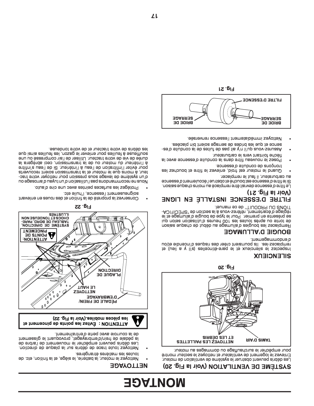 Poulan 430094 manual Montage, Fig la Voir, Ligne En Installé D’Essence Filtre, D’Allumage Bougie, Nettoyage, Silencieux 