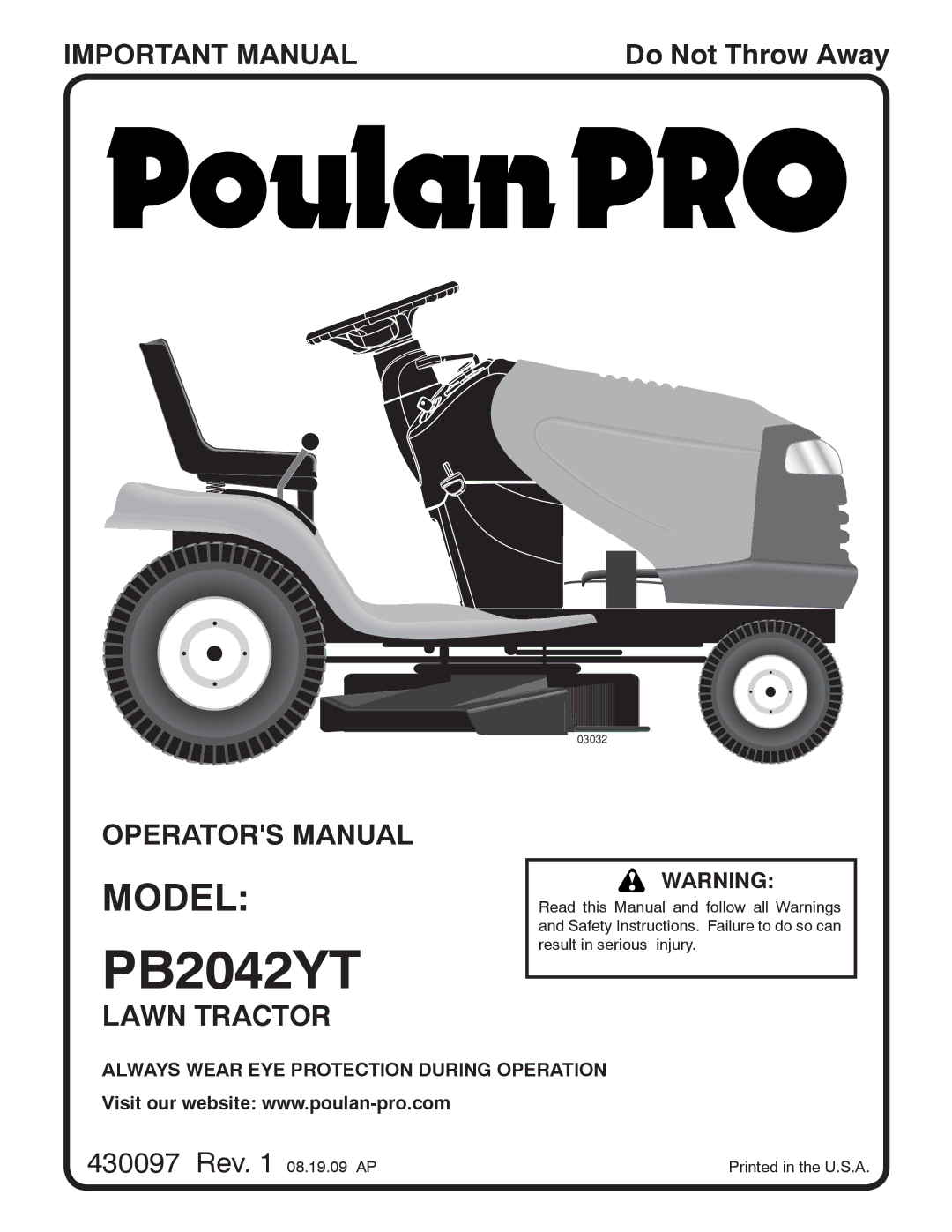 Poulan PB2042YT, 430097, 96042011200 manual Model 