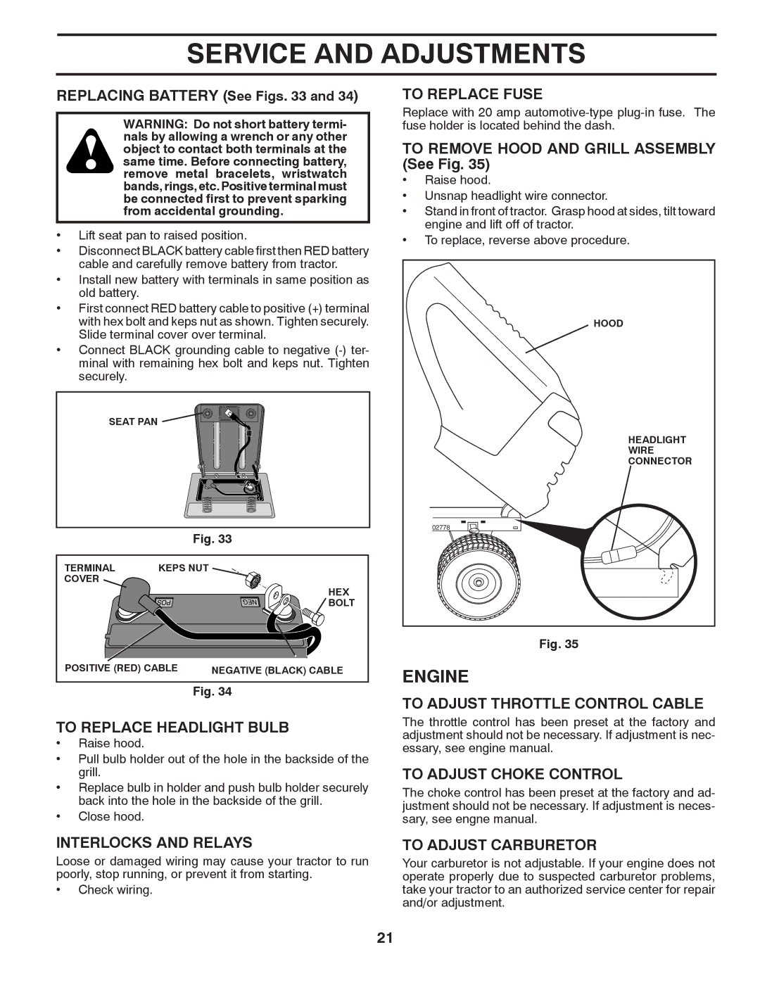 Poulan 430097 manual To Replace Headlight Bulb, Interlocks and Relays, To Replace Fuse, To Adjust Throttle Control Cable 