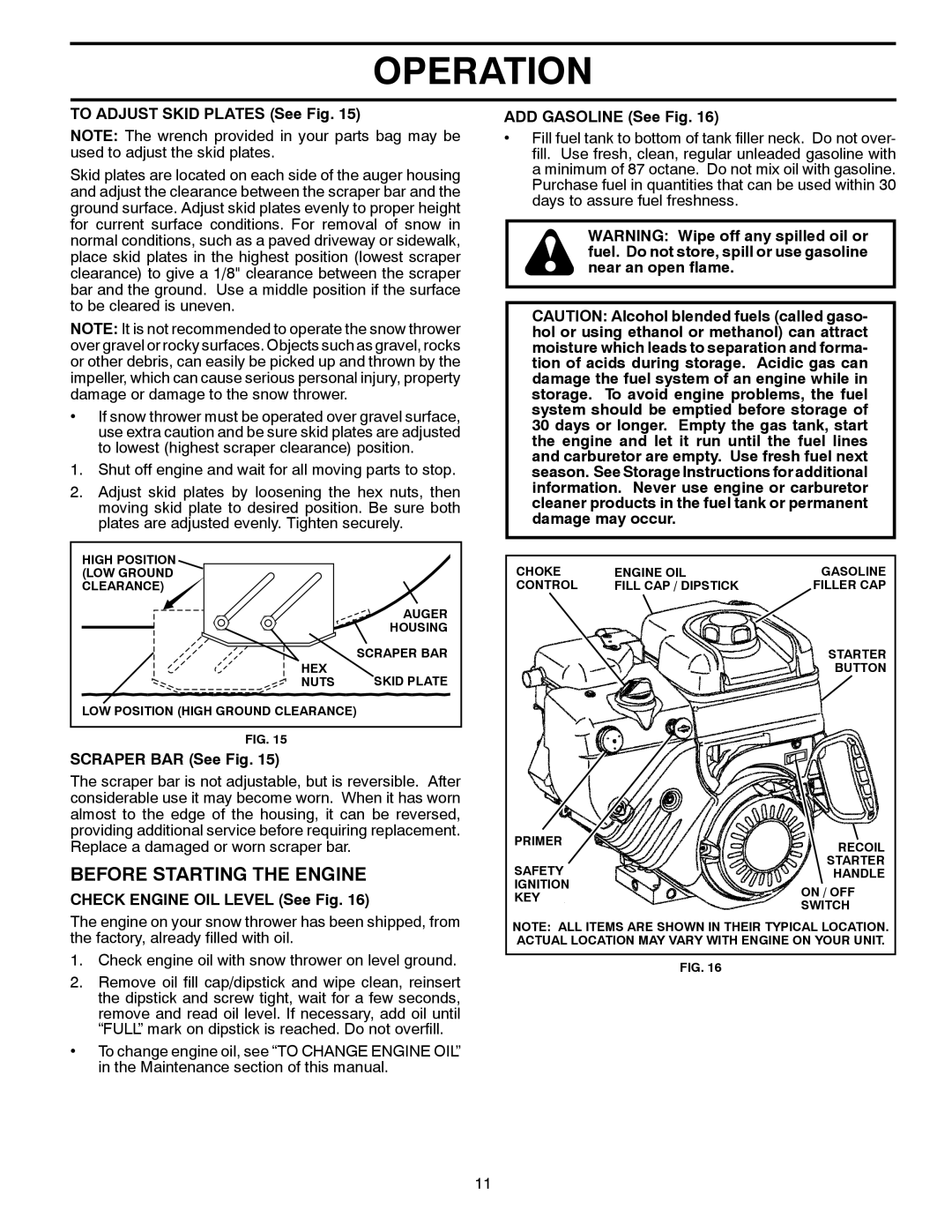 Poulan 96192003301, 430352 Before Starting The Engine, Operation, TO ADJUST SKID PLATES See Fig, SCRAPER BAR See Fig 