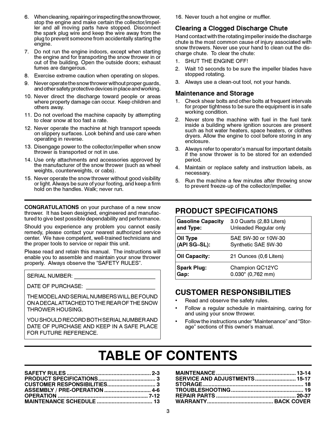 Poulan 96192003301 Table Of Contents, Product Specifications, Customer Responsibilities, Maintenance and Storage, and Type 