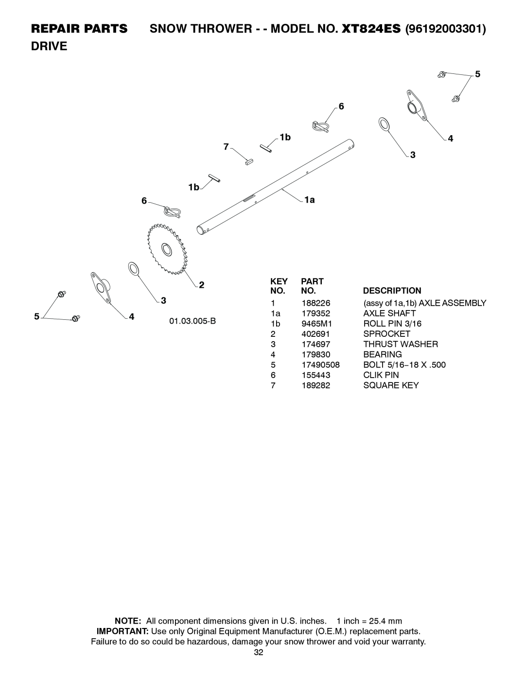 Poulan 430352 REPAIR PARTS SNOW THROWER - - MODEL NO. XT824ES DRIVE, Part, Description, assy of 1a,1b AXLE ASSEMBLY 