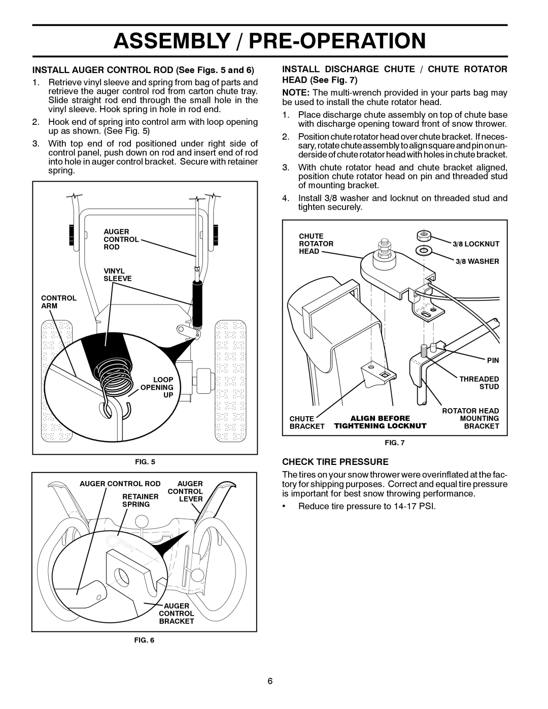 Poulan 430352, 96192003301 Assembly / Pre-Operation, INSTALL AUGER CONTROL ROD See Figs. 5 and, Check Tire Pressure 