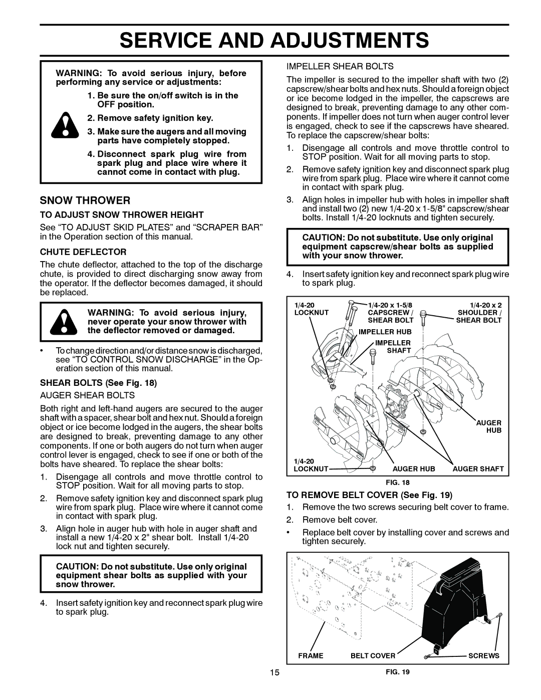 Poulan 96192003301, 430352 Service and Adjustments, To Adjust Snow Thrower Height, Chute Deflector, Shear Bolts See Fig 