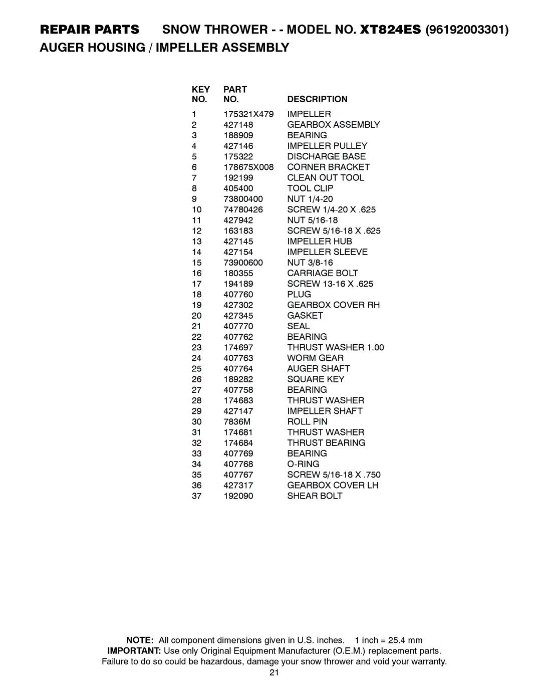 Poulan 96192003301, 430352 owner manual KEY Part Description 