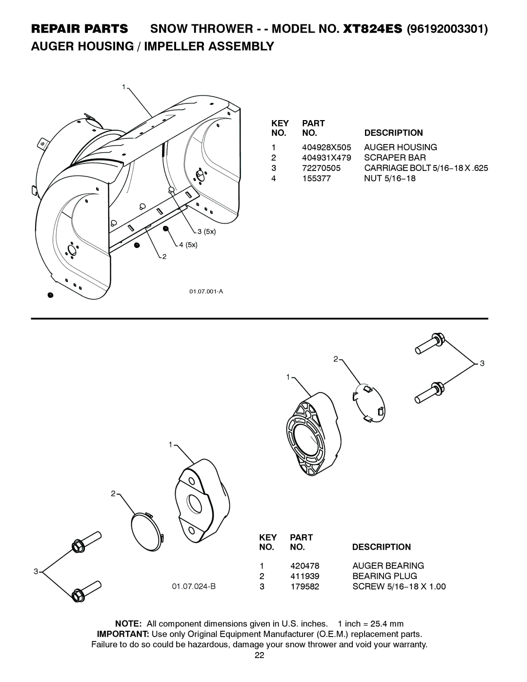 Poulan 430352, 96192003301 owner manual Auger Housing, Scraper BAR, Auger Bearing, Bearing Plug 