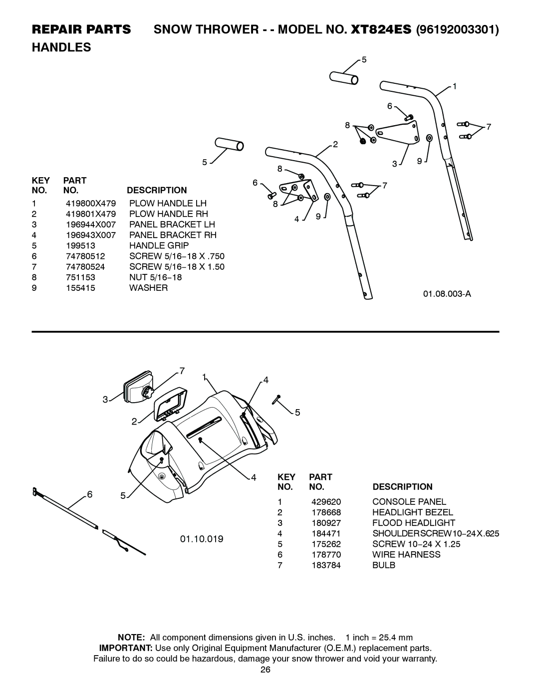 Poulan 430352, 96192003301 owner manual Repair Parts Snow Thrower - Model NO. XT824ES Handles 