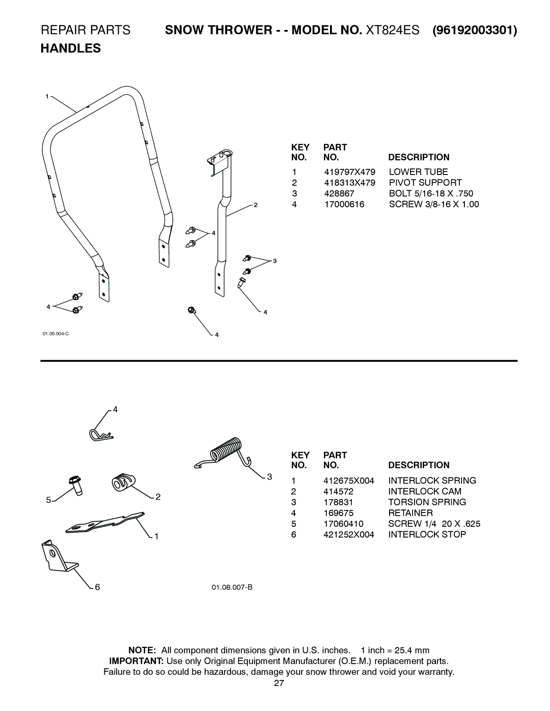 Poulan 96192003301 Lower Tube, Pivot Support, Interlock Spring, Interlock CAM, Torsion Spring, Retainer, Interlock Stop 