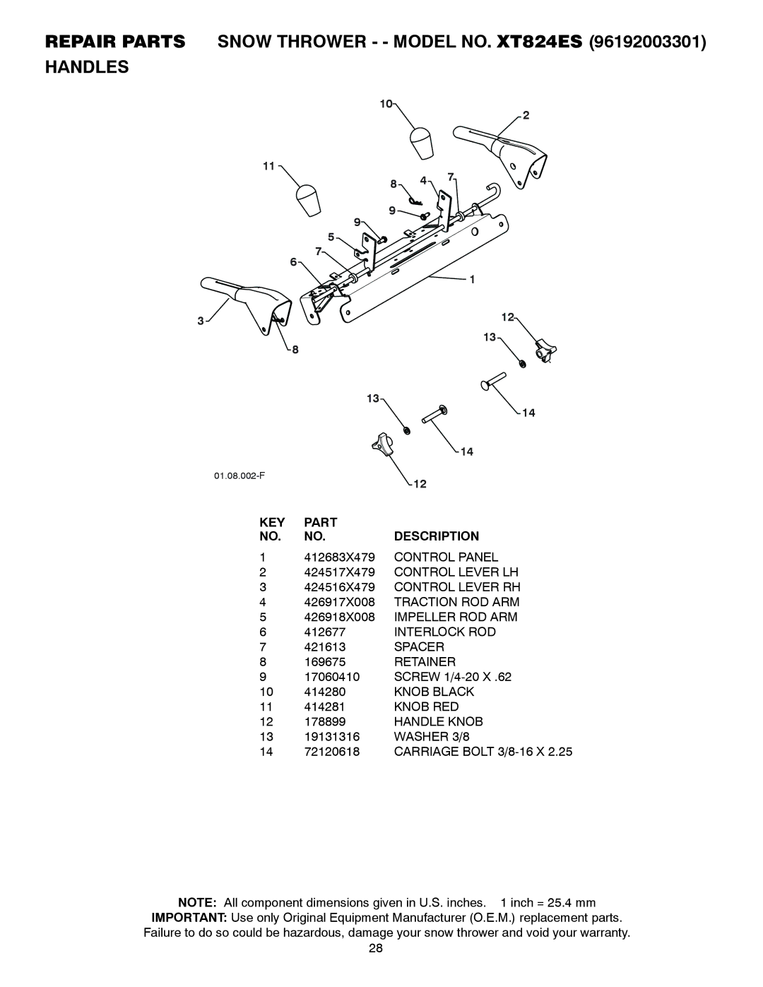 Poulan 430352, 96192003301 owner manual Spacer, Knob RED, Handle Knob, Washer 3/8 