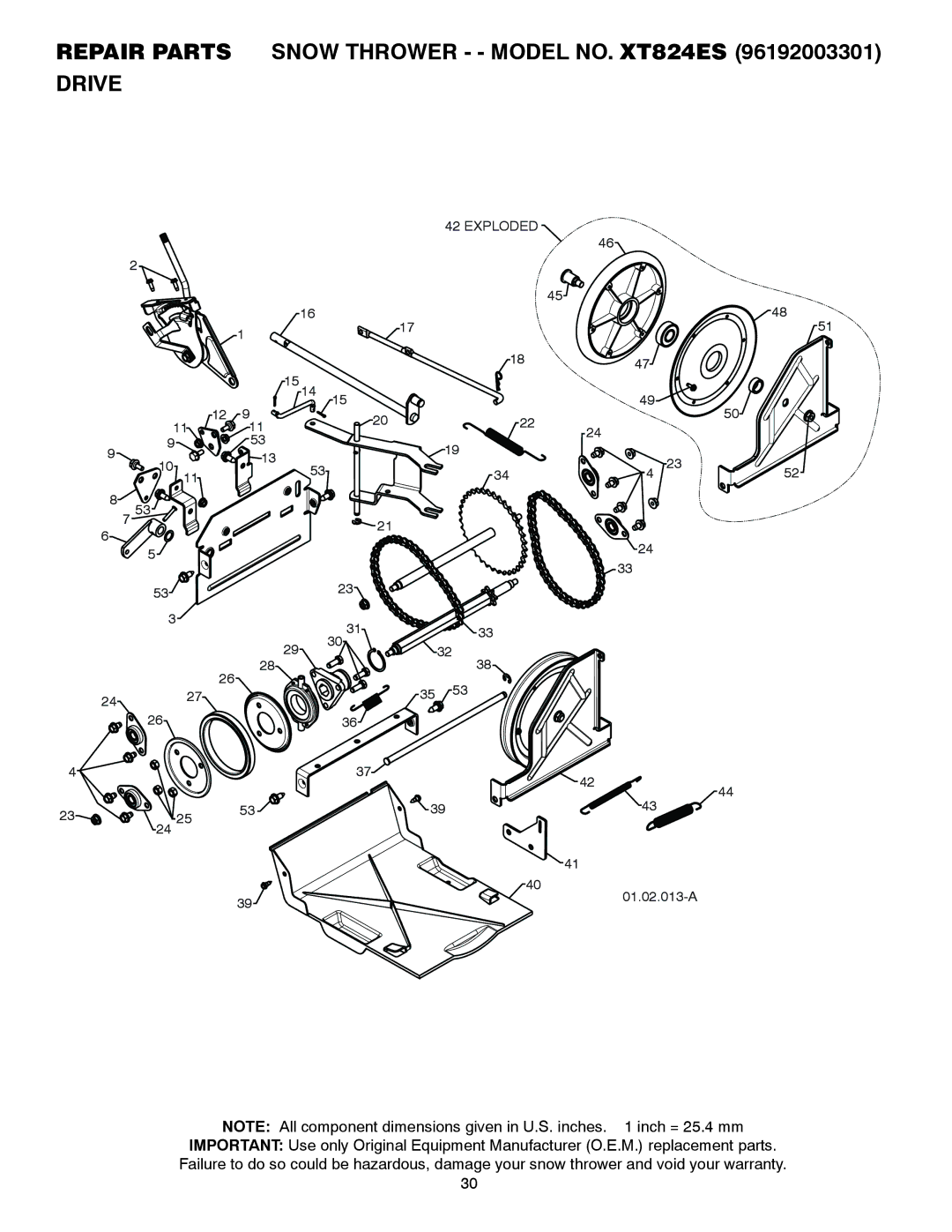 Poulan 430352, 96192003301 owner manual Repair Parts Snow Thrower - Model NO. XT824ES Drive 