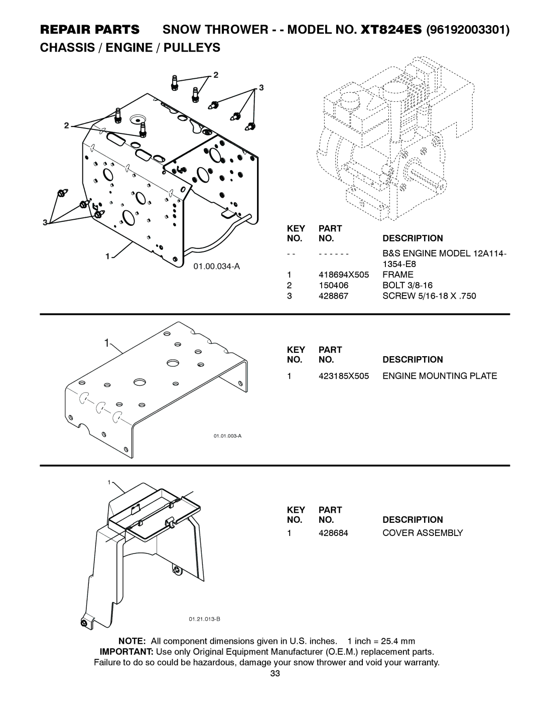 Poulan 96192003301, 430352 owner manual Engine Model 12A114, Frame, 423185X505, Engine Mounting Plate, 428684 