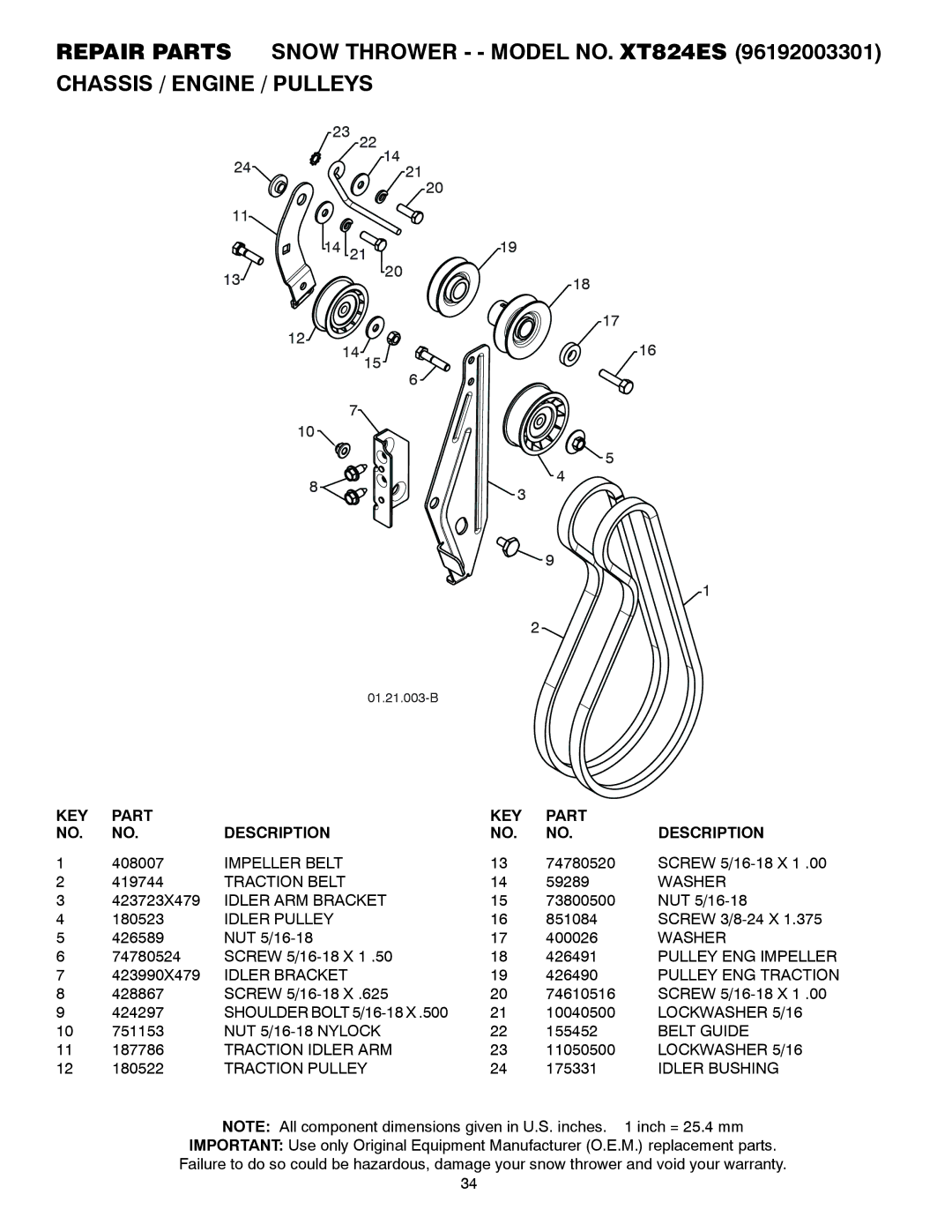 Poulan 430352 Impeller Belt, Traction Belt, Idler ARM Bracket, Idler Pulley, Pulley ENG Impeller, Idler Bracket 