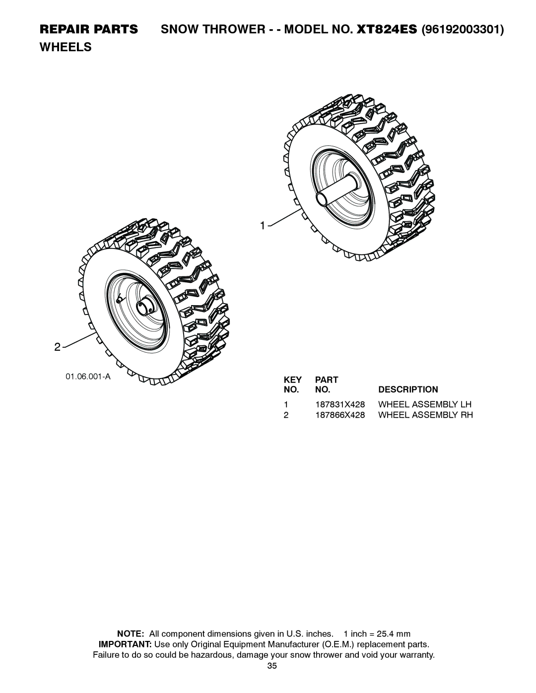 Poulan 96192003301, 430352 owner manual Repair Parts Snow Thrower - Model NO. XT824ES Wheels, Wheel Assembly LH 