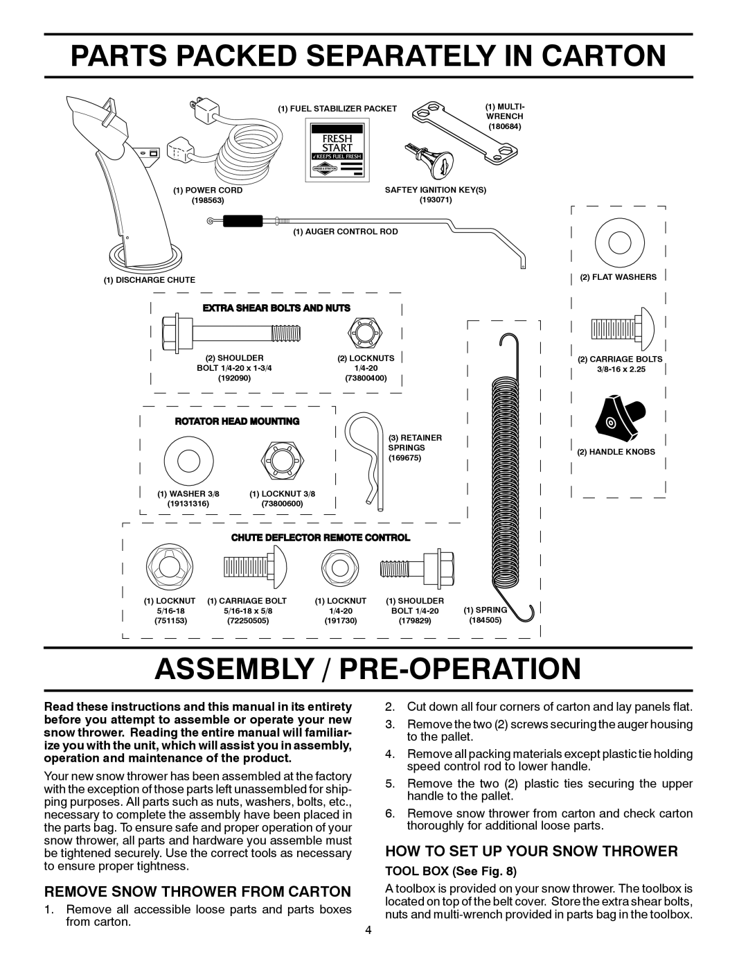 Poulan 430352, 96192003301 Parts Packed Separately in Carton, Assembly / PRE-OPERATION, Remove Snow Thrower from Carton 