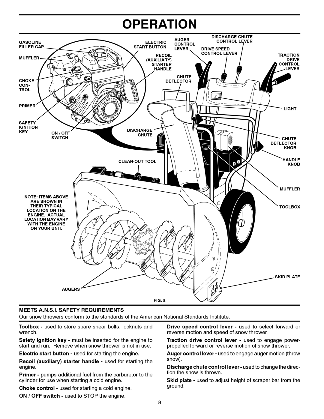 Poulan 430352 owner manual Meets A.N.S.I. Safety Requirements, Recoil auxiliary starter handle used for starting the engine 