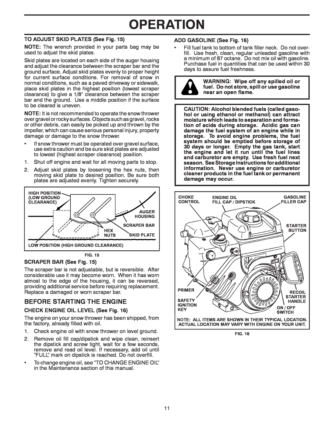 Poulan 96192003302, 430355 Before Starting The Engine, Operation, TO ADJUST SKID PLATES See Fig, SCRAPER BAR See Fig 