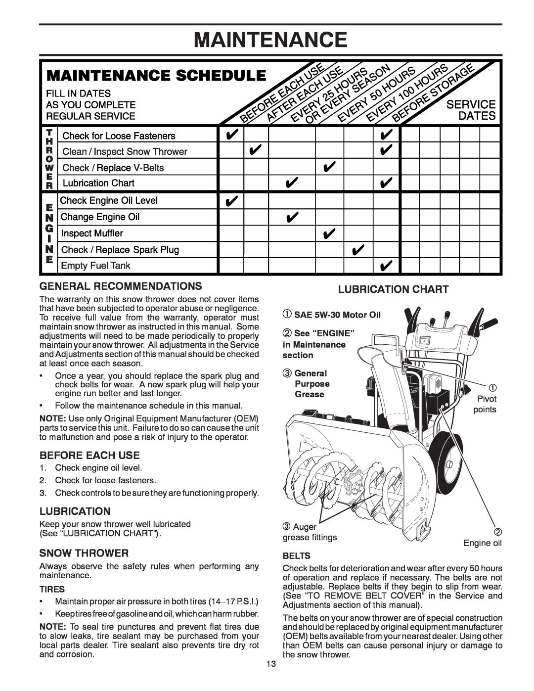 Poulan 96192003302 Maintenance, General Recommendations, Before Each Use, Snow Thrower, Lubrication Chart, Tires 