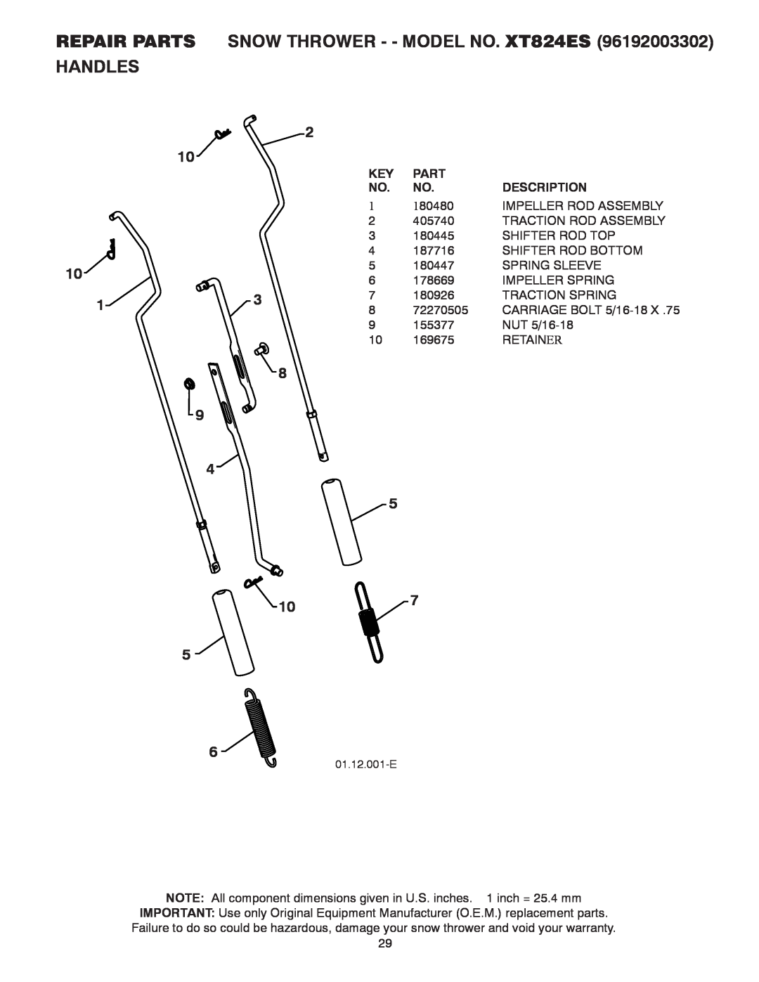 Poulan 96192003302, 430355 Handles, REPAIR PARTS SNOW THROWER - - MODEL NO. XT824ES, Part, Description, 01.12.001-E 