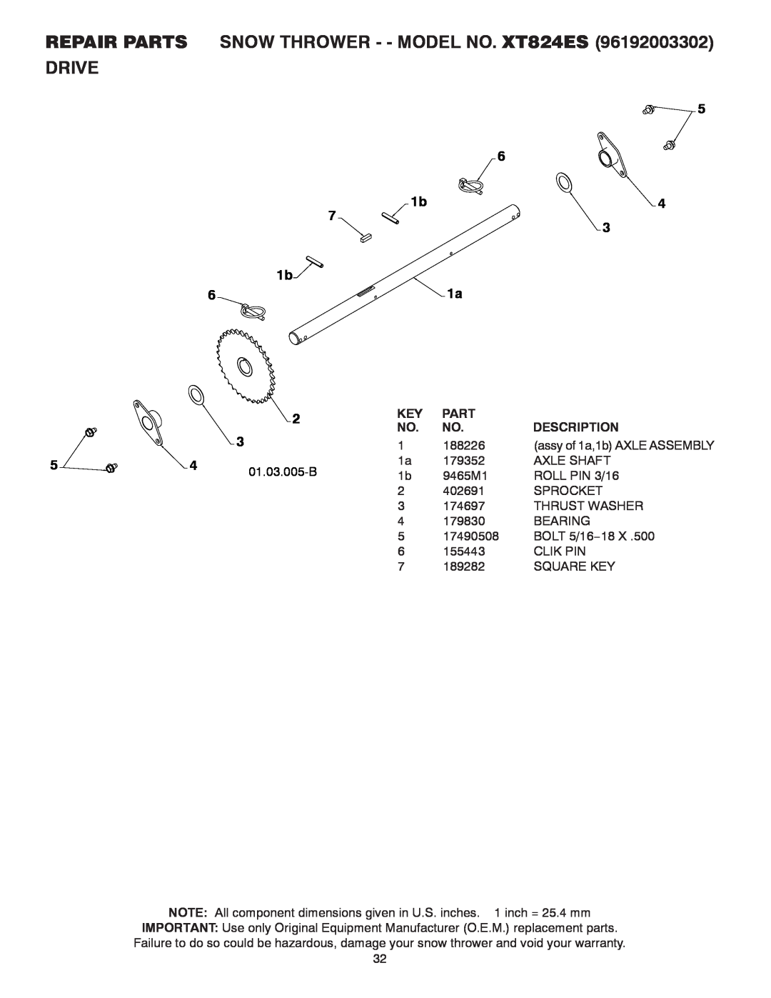 Poulan 430355 REPAIR PARTS SNOW THROWER - - MODEL NO. XT824ES DRIVE, Part, Description, assy of 1a,1b AXLE ASSEMBLY 