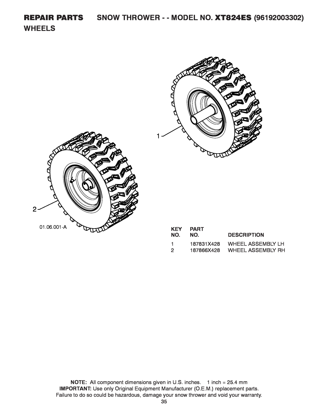 Poulan 96192003302, 430355 REPAIR PARTS SNOW THROWER - - MODEL NO. XT824ES WHEELS, Part, Description, Wheel Assembly Rh 