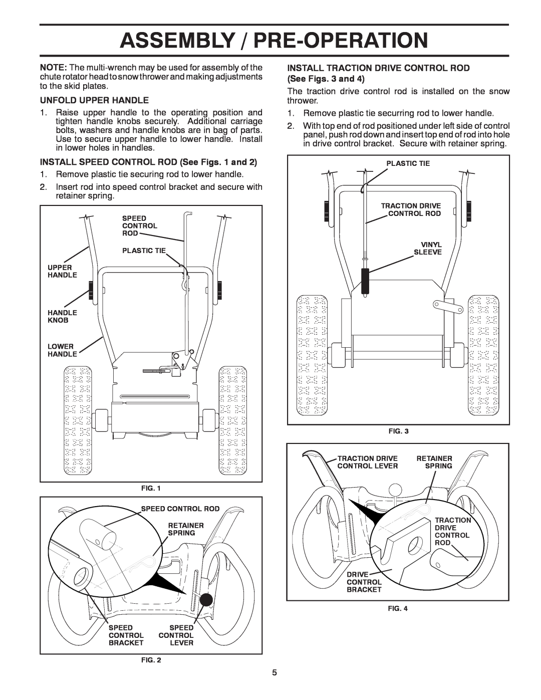 Poulan 96192003302, 430355 Assembly / Pre-Operation, Unfold Upper Handle, INSTALL SPEED CONTROL ROD See Figs. 1 and 