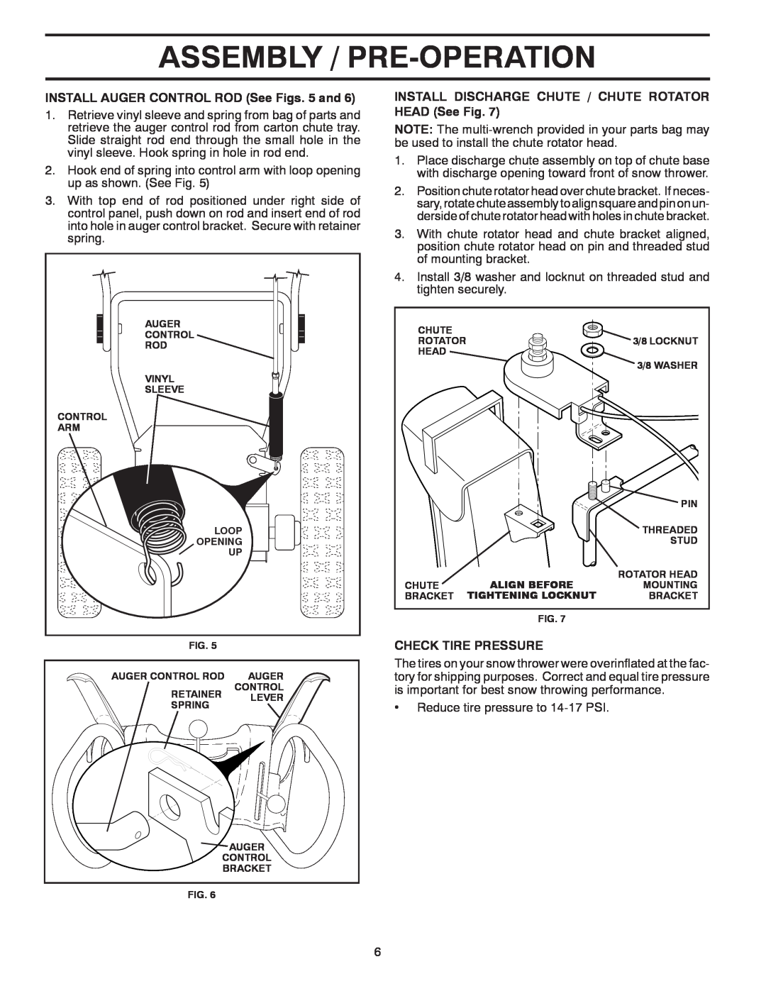 Poulan 430355, 96192003302 Assembly / Pre-Operation, INSTALL AUGER CONTROL ROD See Figs. 5 and, Check Tire Pressure 