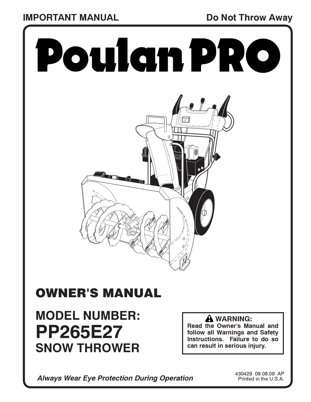 Poulan 96198002801, 430429 owner manual Model Number, Snow Thrower 