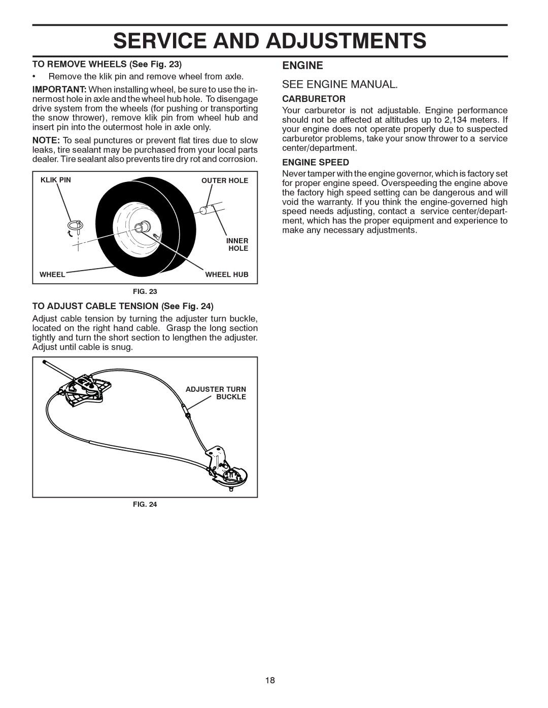 Poulan 430429, 96198002801 owner manual To Remove Wheels See Fig, To Adjust Cable Tension See Fig, Carburetor, Engine Speed 