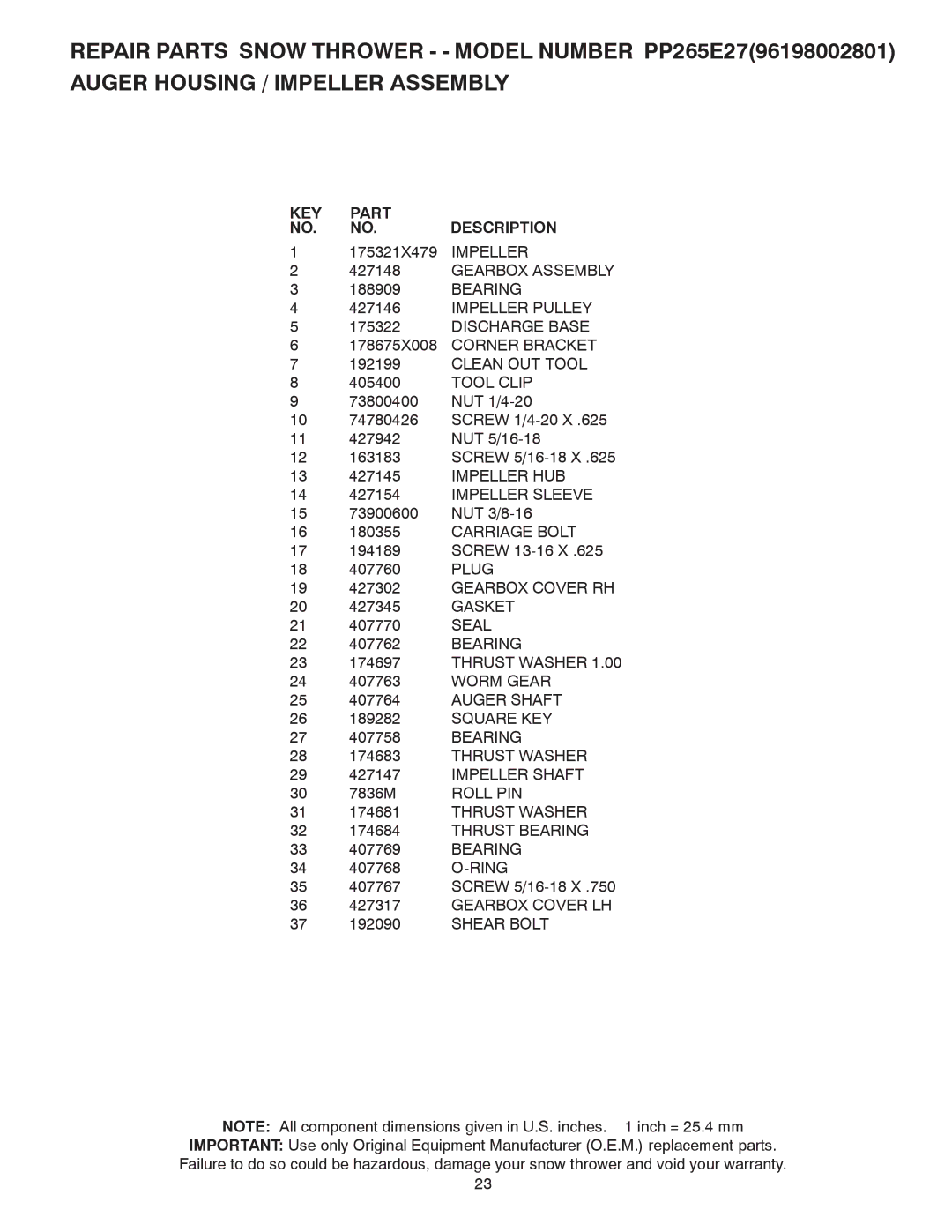 Poulan 96198002801, 430429 owner manual KEY Part NO. NO. Description 