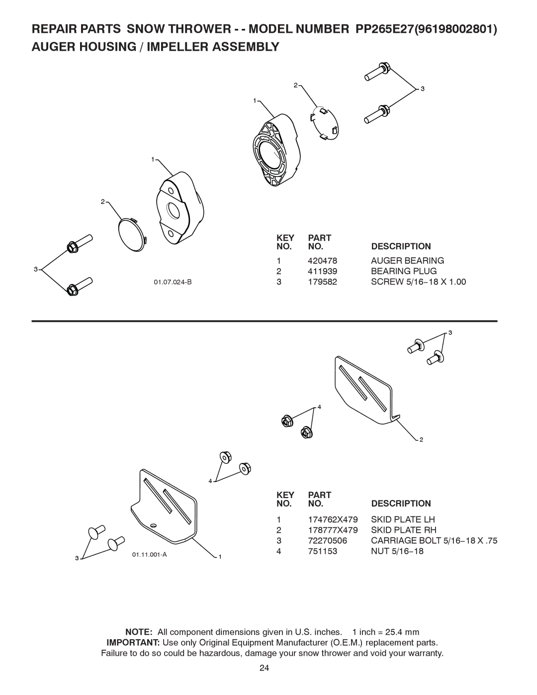 Poulan 430429, 96198002801 owner manual Auger Bearing, Bearing Plug 