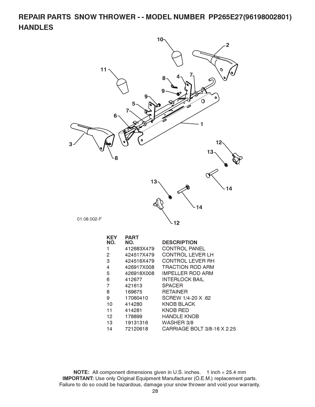 Poulan 430429, 96198002801 owner manual Spacer, Retainer, Knob RED, Handle Knob, Washer 3/8 