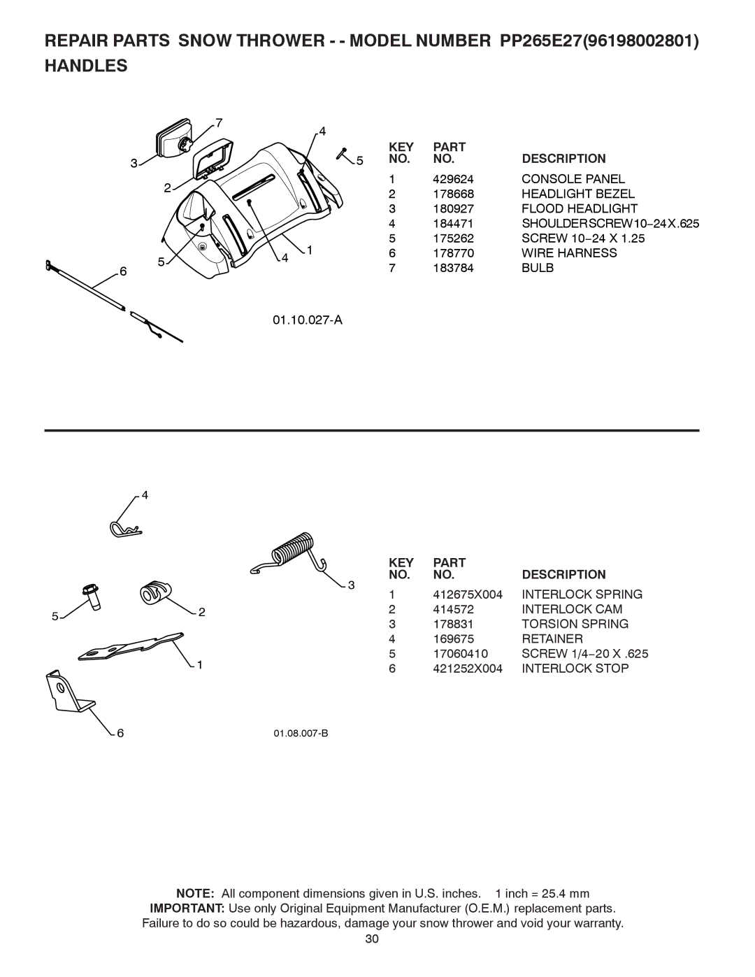 Poulan 430429, 96198002801 owner manual Interlock Spring, Interlock CAM, Torsion Spring, Interlock Stop 