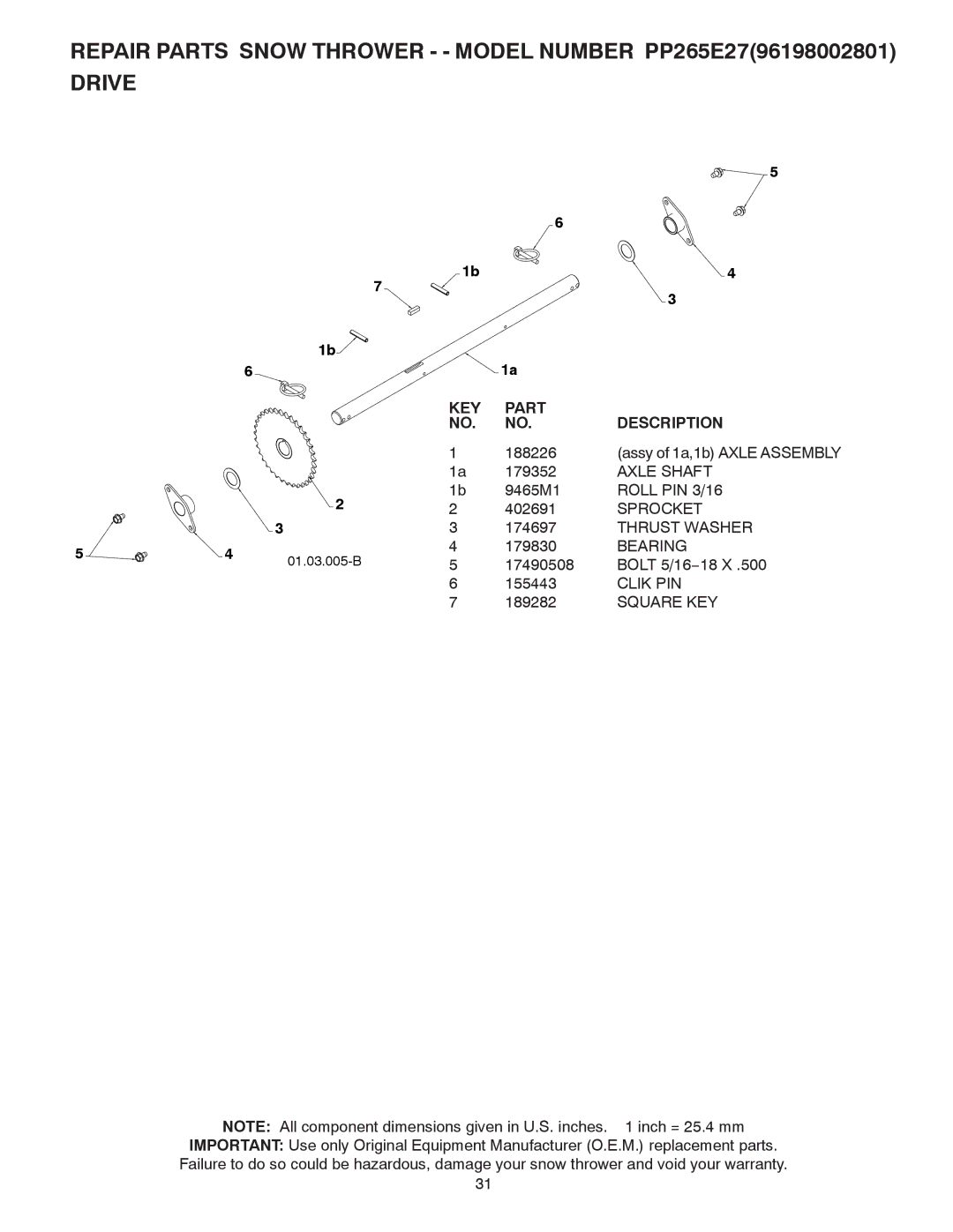 Poulan 96198002801, 430429 owner manual Axle Shaft, Roll PIN 3/16, Sprocket, Clik PIN 