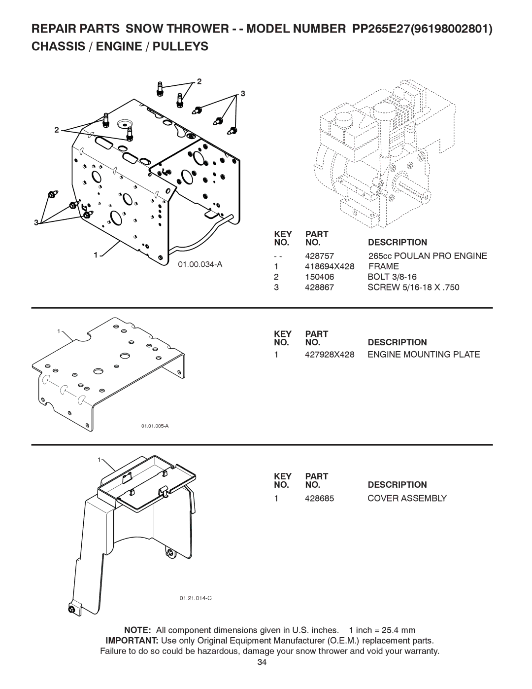 Poulan 430429, 96198002801 owner manual Frame, 427928X428, Engine Mounting Plate, 428685 