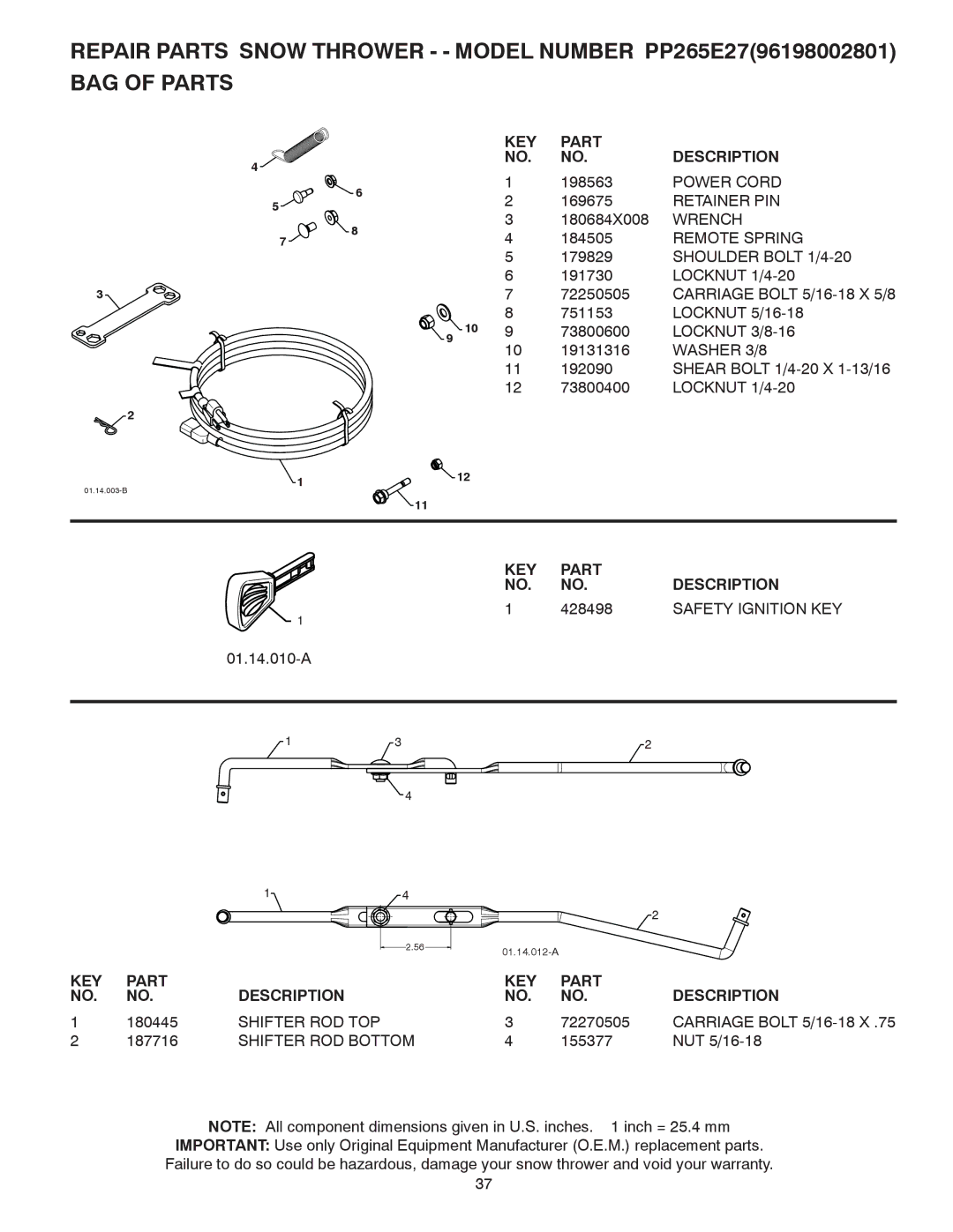 Poulan 96198002801, 430429 owner manual 428498, Safety Ignition KEY, KEY Part NO. no 