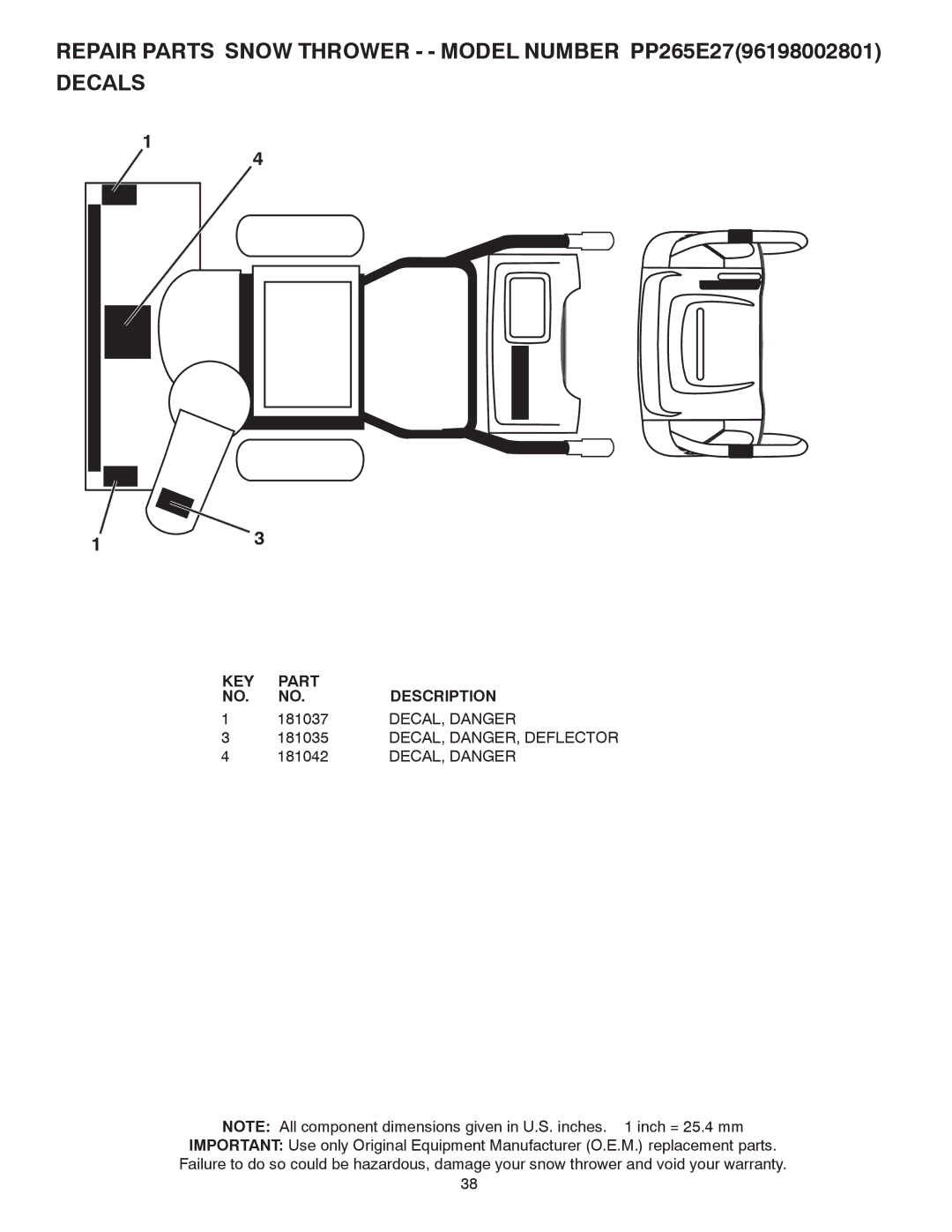 Poulan 430429, 96198002801 owner manual 181037, DECAL, Danger, DECAL, DANGER, Deflector 