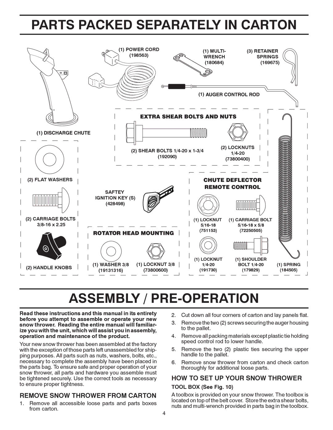 Poulan 430429, 96198002801 Parts Packed Separately in Carton, Assembly / PRE-OPERATION, Remove Snow Thrower from Carton 