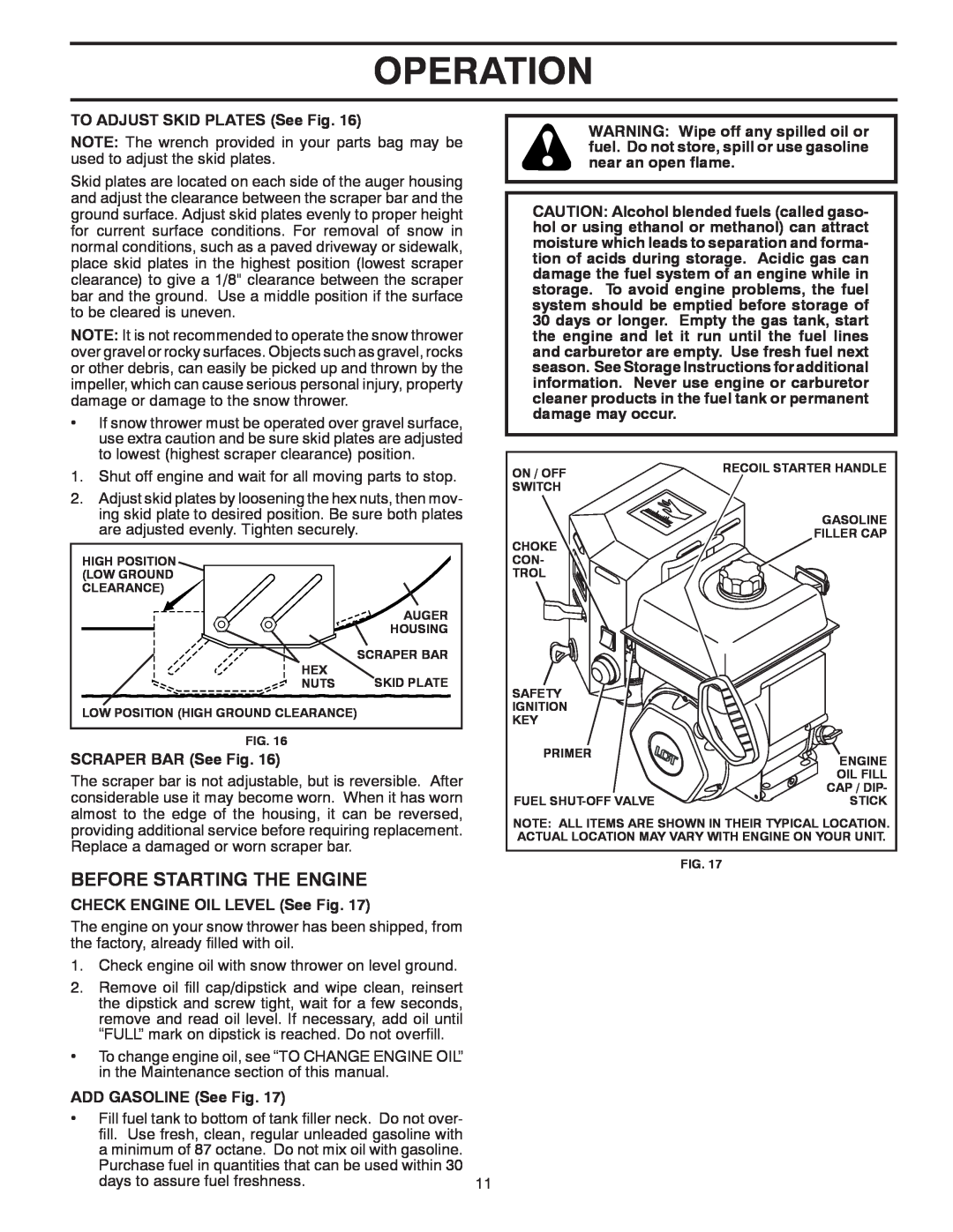 Poulan 96192002802 Before Starting The Engine, Operation, TO ADJUST SKID PLATES See Fig, used to adjust the skid plates 