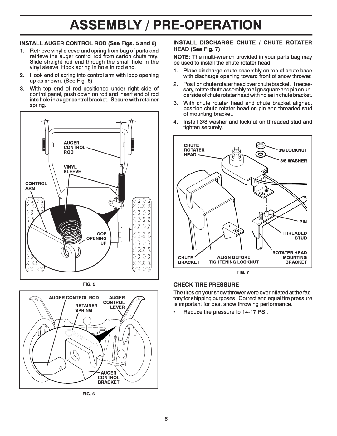 Poulan 430442, 96192002802 Assembly / Pre-Operation, INSTALL AUGER CONTROL ROD See Figs. 5 and, Check Tire Pressure 