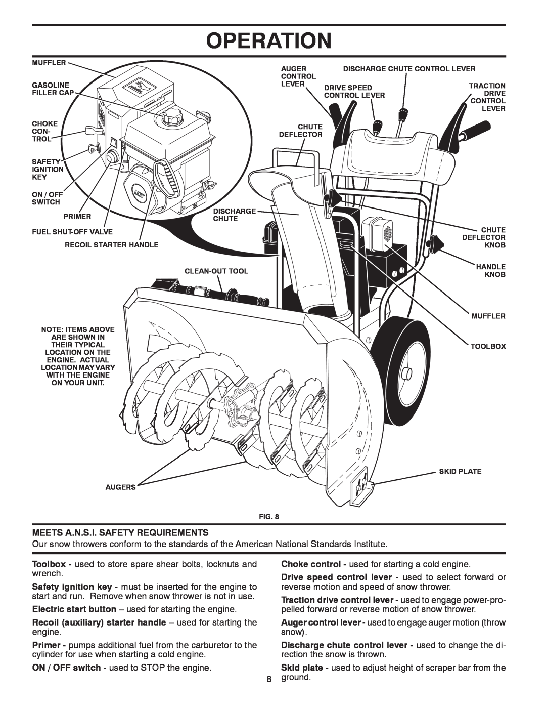 Poulan 430442 owner manual Operation, Meets A.N.S.I. Safety Requirements, ON / OFF switch - used to STOP the engine, ground 