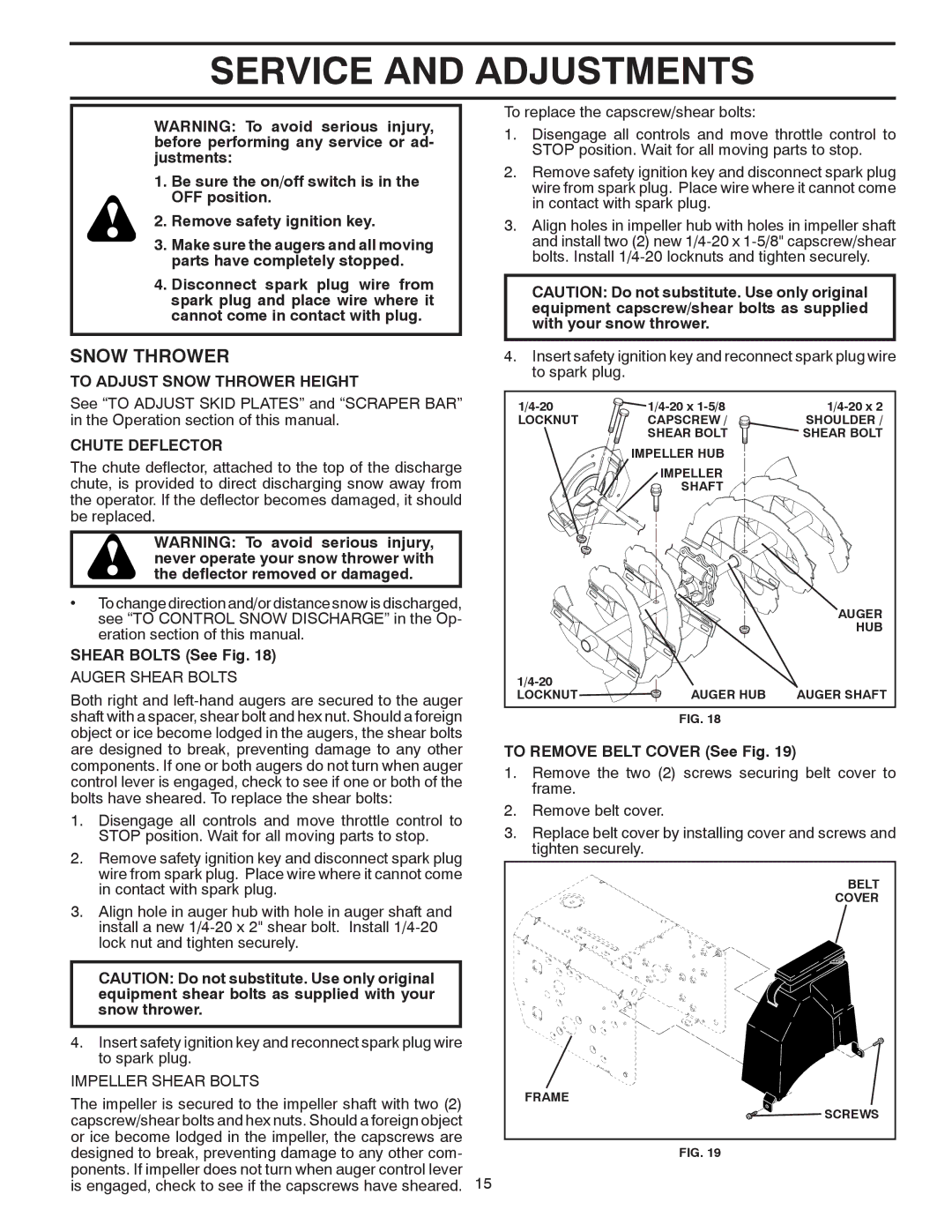 Poulan 96192002802, 430442 Service and Adjustments, To Adjust Snow Thrower Height, Chute Deflector, Shear Bolts See Fig 